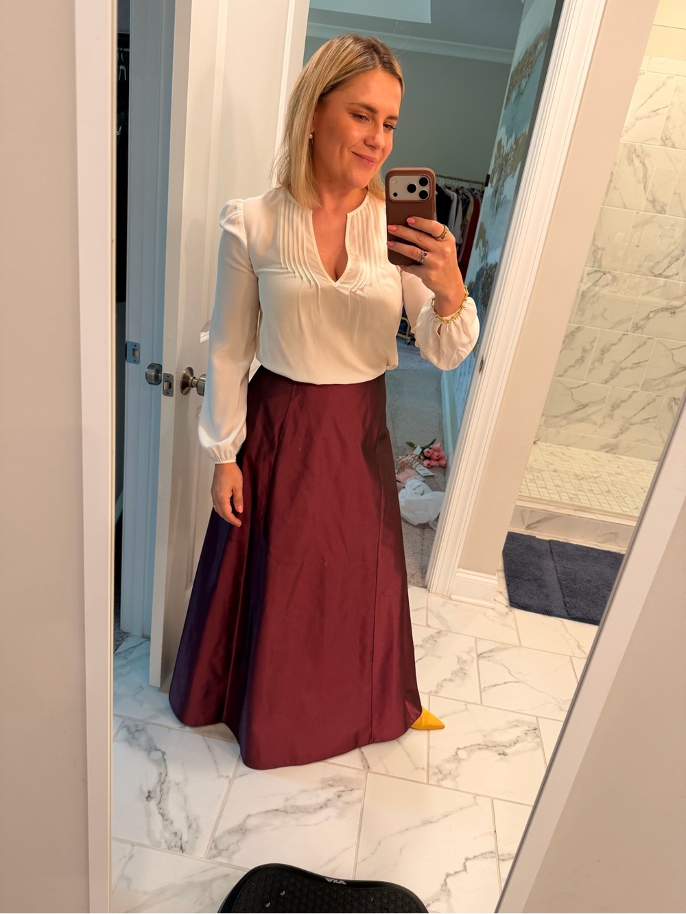 Veronica Beard Cream Pleated V-Neck Long-Sleeve Blouse